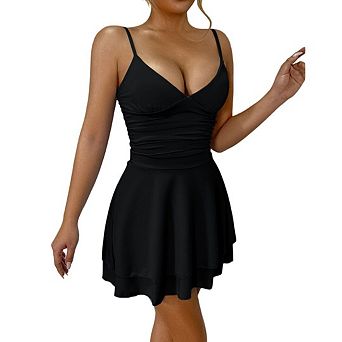 Women's Spaghetti Strap Ruched Corset Tiered Ruffle Hem A Line Short Dresses
