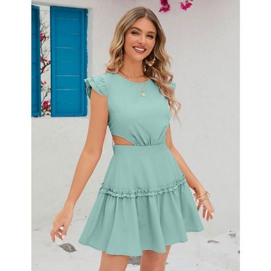 Women's Ruffle Cap Sleeve Crew Neck Layered Elastic Waist Tie Back Solid Mini Dress