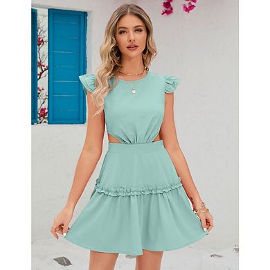 Women's Ruffle Cap Sleeve Crew Neck Layered Elastic Waist Tie Back Solid Mini Dress