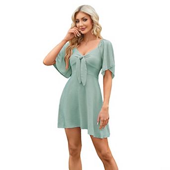 Women's Deep V-Neck Elegant Bow Tie Mini Dress Simple Slim Fit Versatile Dress Short Sleeve Dress