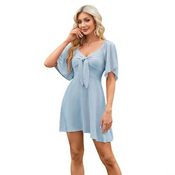 Women's Deep V-Neck Elegant Bow Tie Mini Dress Simple Slim Fit Versatile Dress Short Sleeve Dress