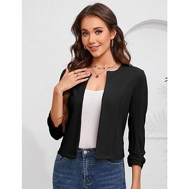Women's Lightweight Cropped Cardigan Long Sleeve Crewneck Open Front Casual Work Jacket Shrug