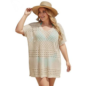 Women's Plus Size Swimsuit Cover Up Casual Crochet Hollow Out Cover Up V Neck Bathing Suit Coverup