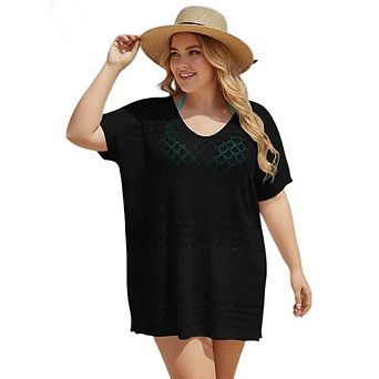 Women's Plus Size Swimsuit Cover Up Casual Crochet Hollow Out Cover Up V Neck Bathing Suit Coverup