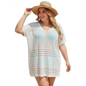 Women's Plus Size Swimsuit Cover Up Casual Crochet Hollow Out Cover Up V Neck Bathing Suit Coverup