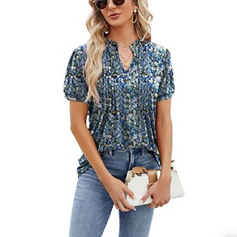 Women's Ditsy Floral Print V-Neck Pleated Puff Short Sleeve Shirt Summer Casual Blouse Soft Shirt