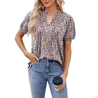 Women's Ditsy Floral Print V-Neck Pleated Puff Short Sleeve Shirt Summer Casual Blouse Soft Shirt