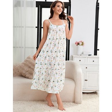 Women's Spaghetti Printed Nightgown Layered Patchwork Loose Cake Dress Robe