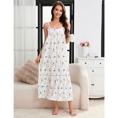 Women's Spaghetti Printed Nightgown Layered Patchwork Loose Cake Dress Robe