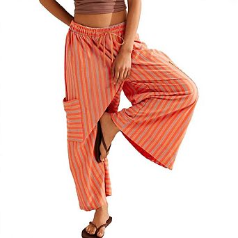 Women Drawstring Striped Pants Loose Wide Leg Lounge Pants Casual Palazzo Trousers with Pockets