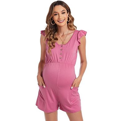 Women's Maternity Crew Neck Button Front Jumpsuit Ruffled Sleeves High Waist Tank Romper