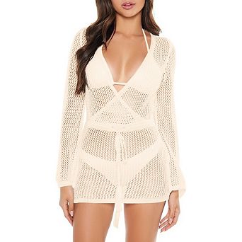 Women's Fishnet Crochet Cover Up Long Sleeve Hollow Out Bikini Swimsuit Beach Dress Swimwear