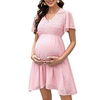 Women's Maternity Puff Sleeve V Neck Mini Sundress Swiss Dot Flowy Smocked Dress