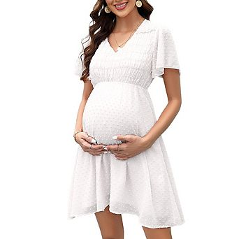 Women's Maternity Puff Sleeve V Neck Mini Sundress Swiss Dot Flowy Smocked Dress