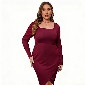 Plus Size Women Square Neck Long Sleeve Dress Casual Versatile Dress Slim Fit Ruched Waist Dress