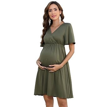 Womens Maternity ruffled Sundress Summer Floral Short Sleeve Wrap Dress V Neck A-Line Midi Dress