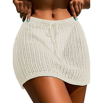 Womens Crochet Cover Up Shorts Hollow Out High Waist Tie Front Knit Swimsuit Beach Skirt Coverups