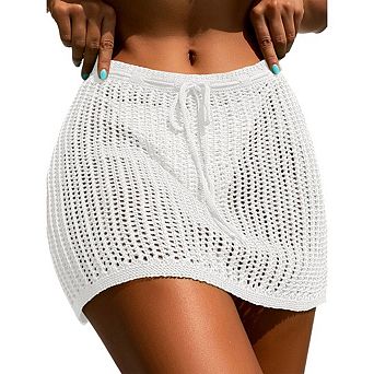 Womens Crochet Cover Up Shorts Hollow Out High Waist Tie Front Knit Swimsuit Beach Skirt Coverups