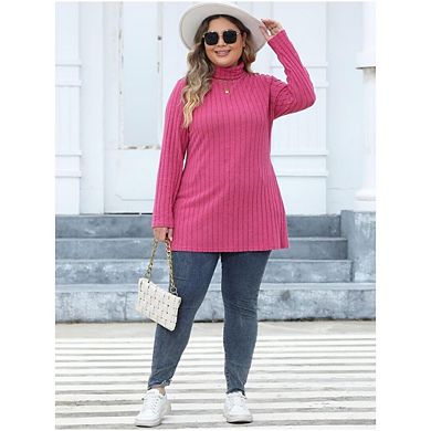 Women Plus Size Striped High Neck Long Sleeve Slit Slim-Fit Midi Tops
