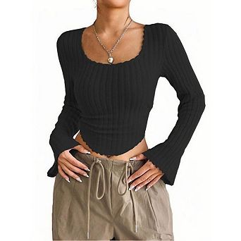 Women's Long Sleeve Knit Ribbed Fleece Top Square Neck Asymmetrical Hem T-Shirt