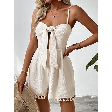 Women's Tassel Strappy Jumpsuit Waffle Knit Cutout Jumpsuit Thin Strap Solid Color Shorts Set