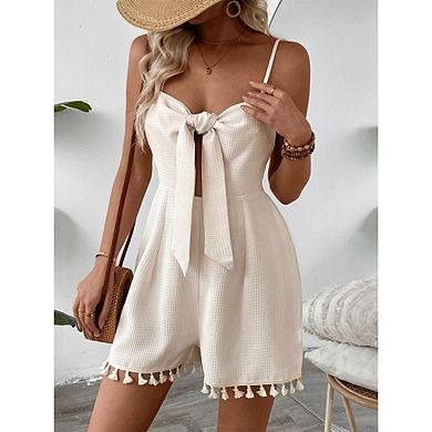 Women's Tassel Strappy Jumpsuit Waffle Knit Cutout Jumpsuit Thin Strap Solid Color Shorts Set