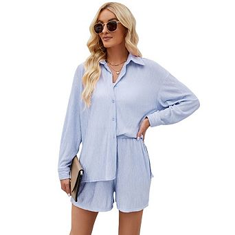 Women 2 pc Sets Lounge Wear Matching Two Piece Pajama Fashion Oversized Shirts And Shorts Outfit