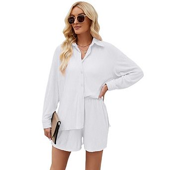 Women 2 pc Sets Lounge Wear Matching Two Piece Pajama Fashion Oversized Shirts And Shorts Outfit