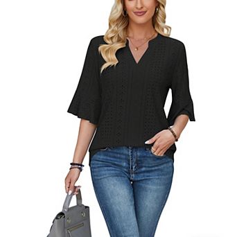 Women's V-Neck Eyelet Hollow Out Flare Half Short Sleeve Shirt Summer Casual Blouse Loose Soft Top