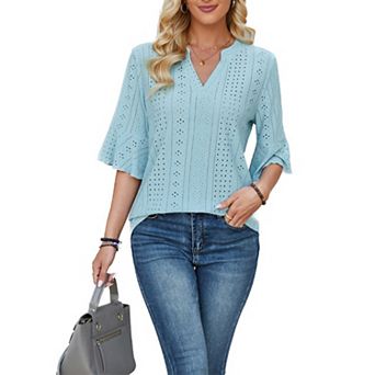 Women's V-Neck Eyelet Hollow Out Flare Half Short Sleeve Shirt Summer Casual Blouse Loose Soft Top