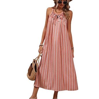 Women Striped Maxi Dress Spaghetti Strap Tie Front Sleeveless Crew Neck Loose Beach Flowy Dress