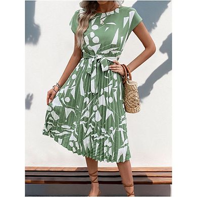 Women's Short Sleeved Round Neck Midi Dress Tie Waist Pleated Geometric Patterns