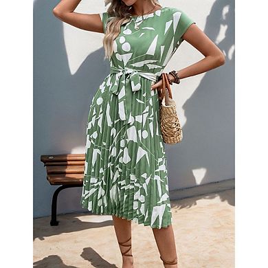 Women's Short Sleeved Round Neck Midi Dress Tie Waist Pleated Geometric Patterns
