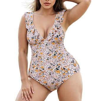 Women's Plus Size Floral Print V-Neck Ruffle Strap One-Piece Swimsuit Summer Casual Sleeveless Swim