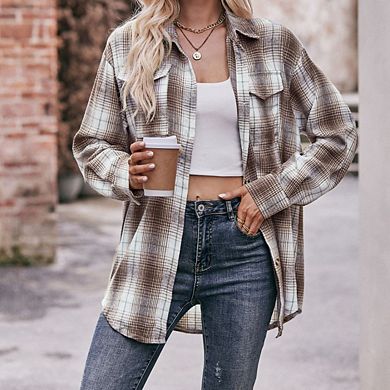 Women's Oversized Casual Shirts Long Sleeve Button Down Plaid Shirt Business Work Blouse Top