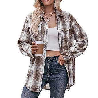 Women's Oversized Casual Shirts Long Sleeve Button Down Plaid Shirt Business Work Blouse Top