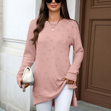Women's Solid Color Crew Neck Side Slit Long Sleeve T-Shirt Loose Solid Color Jacquard Sweatshirt