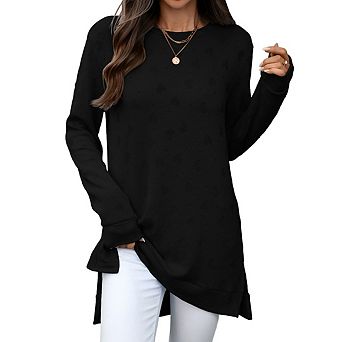 Women's Solid Color Crew Neck Side Slit Long Sleeve T-Shirt Loose Solid Color Jacquard Sweatshirt