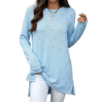 Women's Solid Color Crew Neck Side Slit Long Sleeve T-Shirt Loose Solid Color Jacquard Sweatshirt