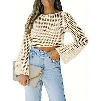 Womens Fishnet Crochet Crop Top Long Sleeve See Through Hollow Out Mesh Bikini Cover Ups