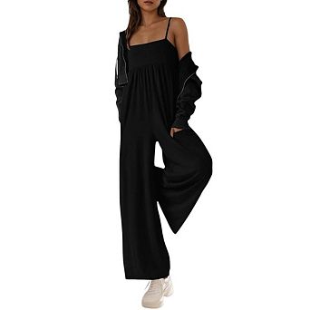Women's Casual Loose Overalls Jumpsuits One Piece Sleeveless Wide Leg Long Pant Rompers