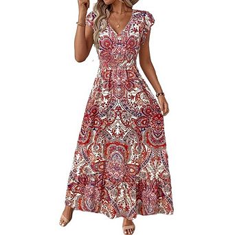 Summer Dresses for Women Flowy Casual Maxi Dress Printed A-Line Beach Vacation Sundresses