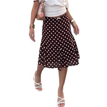 Womens Polka Dot Midi Skirt Vintage Bowknot Sheer Mesh Ruffle Hem Retro Fashion Going Out Skirt