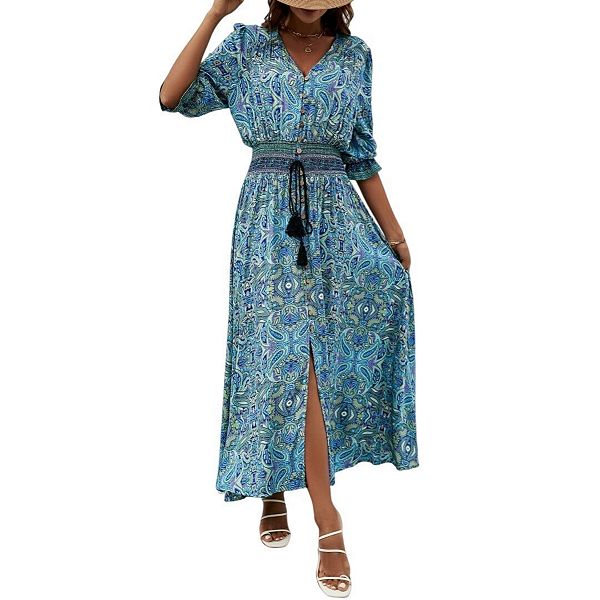 casual beach dresses for women Newshows Summer Outfits 2026 Vacation Clothes Spaghetti Strap Fall Wedding Guests Country Concert Outfits Long Elegant Classy Flowy Sundress(Floral 09, S) at Amazon Women's Clothing store Color:Ivory/Blue Print this dress is perfect prom dress with straps Casual Kaftan Dresses for