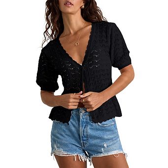 Women's Short Sleeve Cardigan Button Down Open Knit Cropped Cardigan Lightweight Sweater Cover Up
