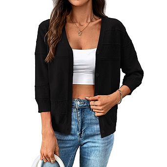 Women's Cropped Cardigan 3/4 Sleeve Lightweight Crochet Shrug Hollowed-Out Knit Sweater Tops