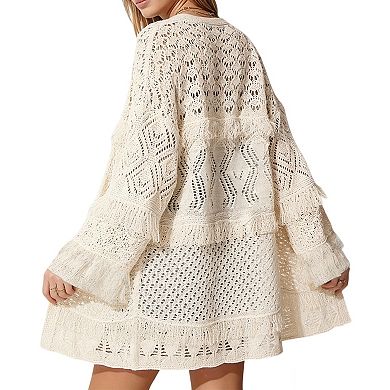 Women's Crochet Knit Cardigan Open Front Fringe Hem Boho Beach Cover Up