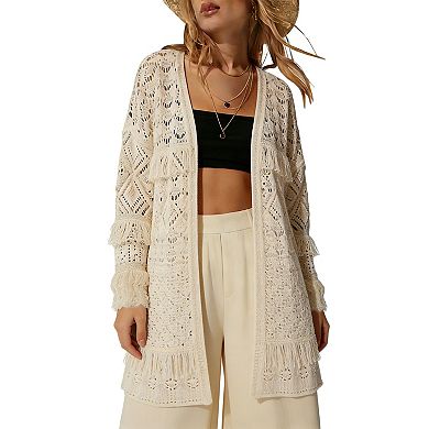 Women's Crochet Knit Cardigan Open Front Fringe Hem Boho Beach Cover Up