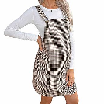Maternity Retro Gingham Pinafore Dress Adjustable Strap Knee Length Maternity Overall