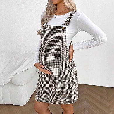 Maternity Retro Gingham Pinafore Dress Adjustable Strap Knee Length Maternity Overall